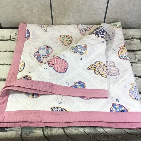 Handmade Quilt Pink Nursery Ducks Bunny Rabbit Print 42” x 42” Square - Picture 4 of 10